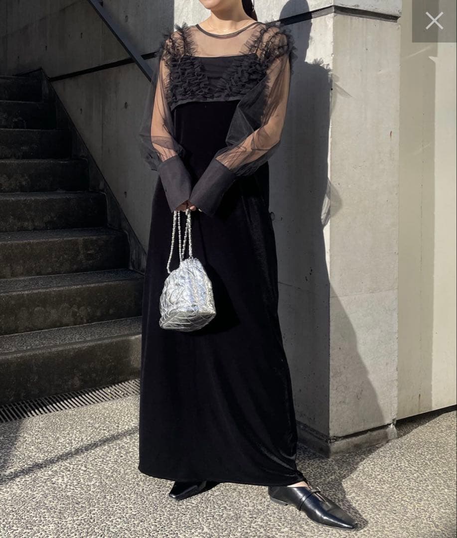 CAPRICIEUX LE'MAGE チュールフリルベロアワンピース　ブラック