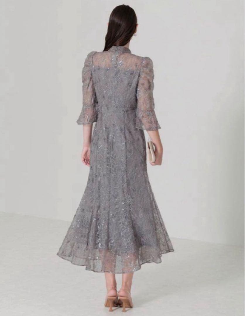 leja スパンコール花柄パフスリーブマーメイドワンピースドレス　結婚式