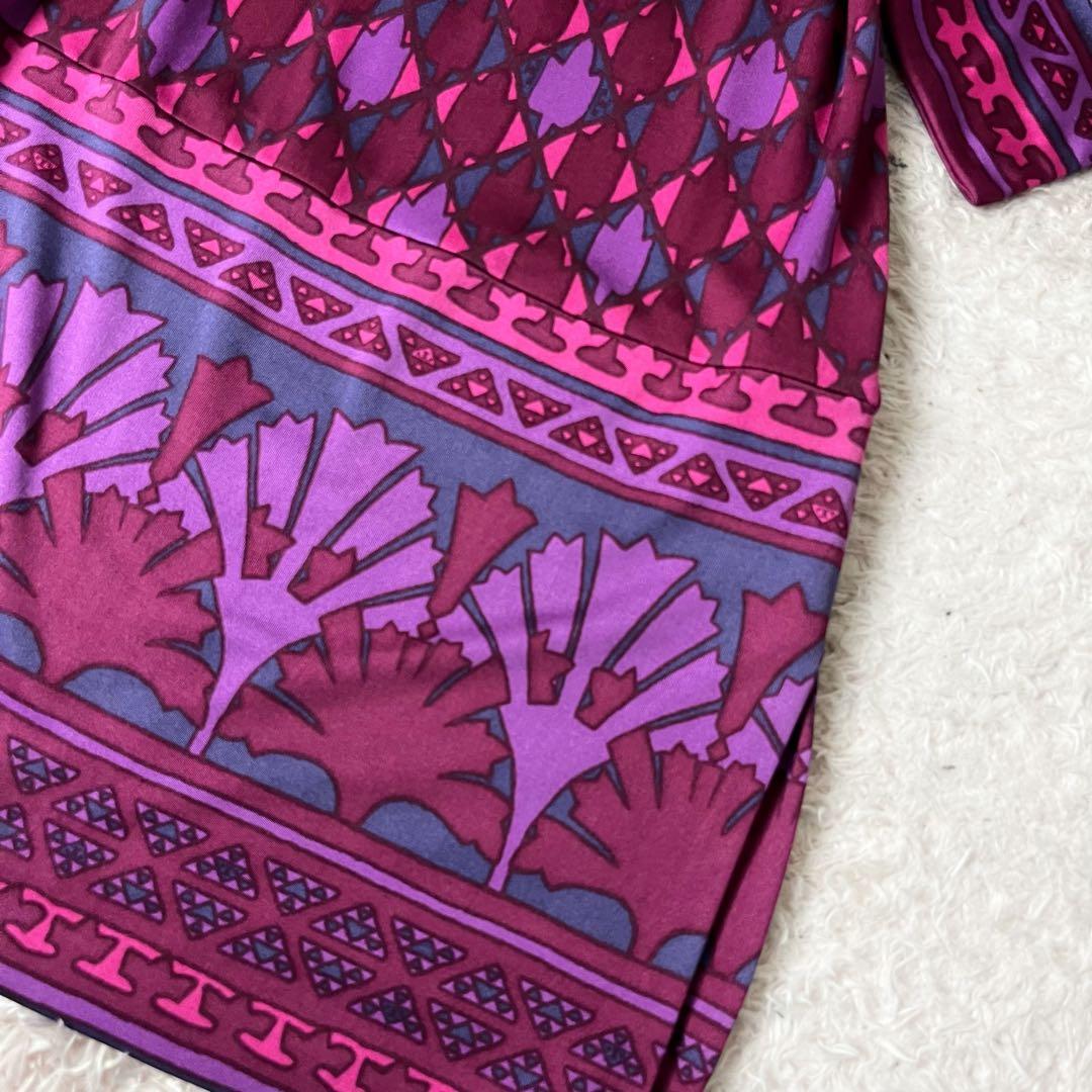 トリーバーチ シルク ワンピース Aライン 総柄 ピンク リボンベルト XS