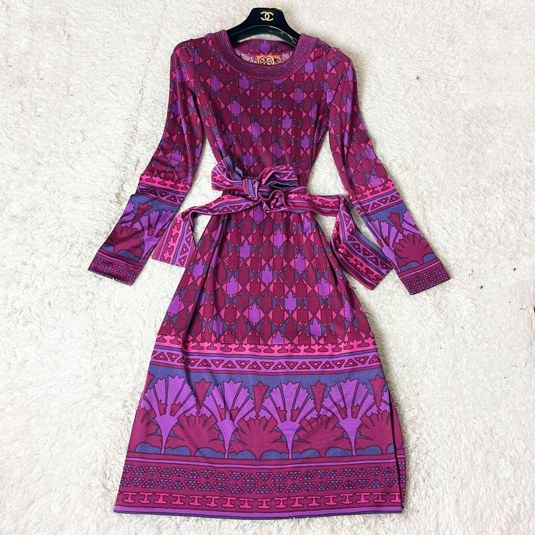 トリーバーチ シルク ワンピース Aライン 総柄 ピンク リボンベルト XS