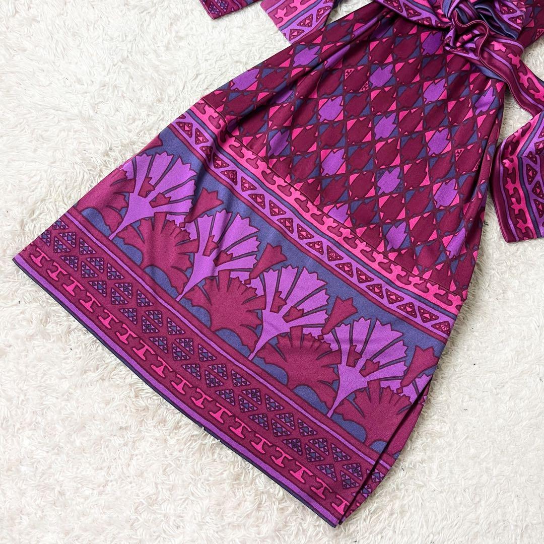 トリーバーチ シルク ワンピース Aライン 総柄 ピンク リボンベルト XS