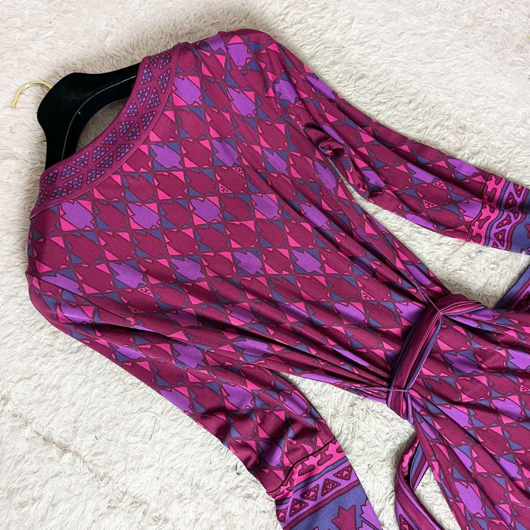 トリーバーチ シルク ワンピース Aライン 総柄 ピンク リボンベルト XS