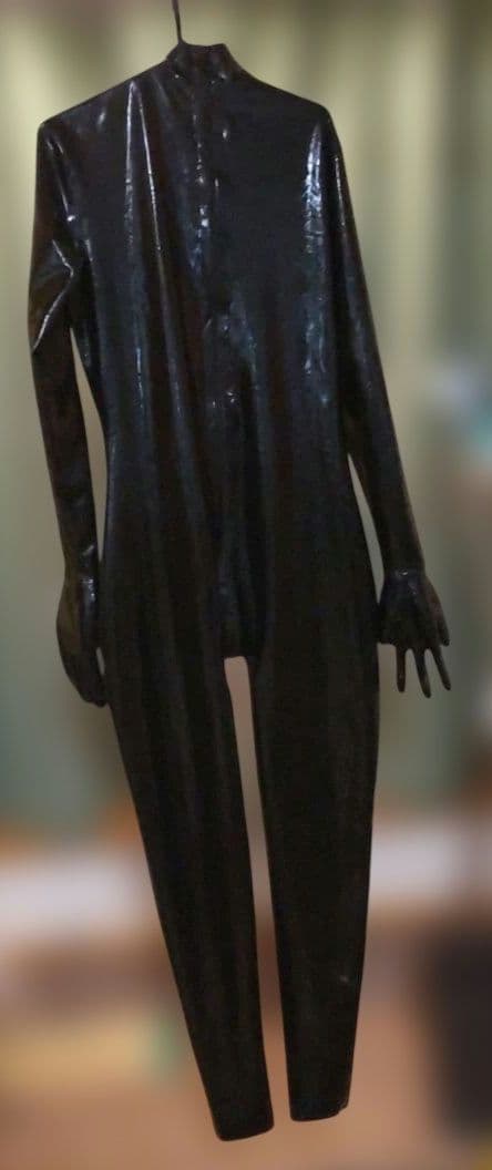 黒ラバーキャットスーツ レディースLサイズ ラテックス 手袋一体型