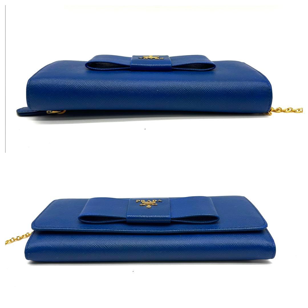 パスケース付き✨プラダ 二つ折り長財布 サフィアーノレザー ゴールド金具 ブルー