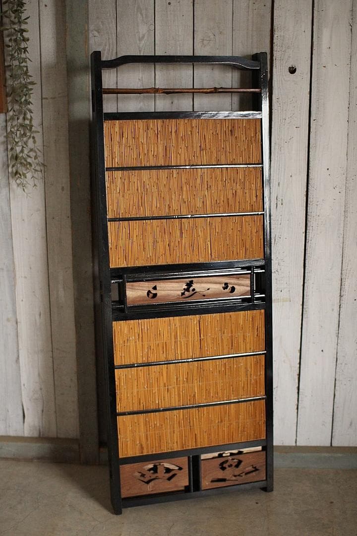 古い簾屏風　衝立　目隠し 四つ折り　透かし彫り　古民家　古道具