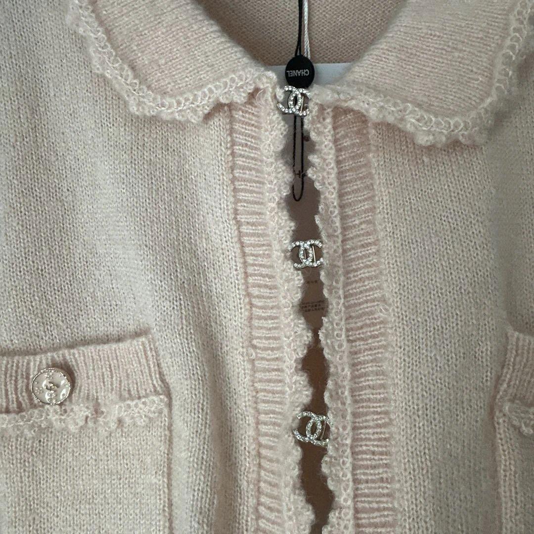 シャネル　ピンクニットジャケット レーストリム付き