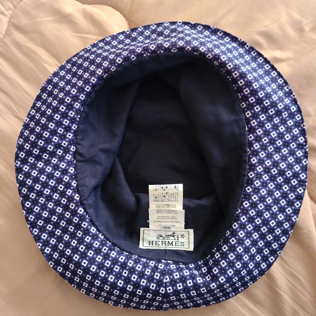 HERMES　エルメス　ハット　帽子　ネイビー　小紋　頭周り60　美品