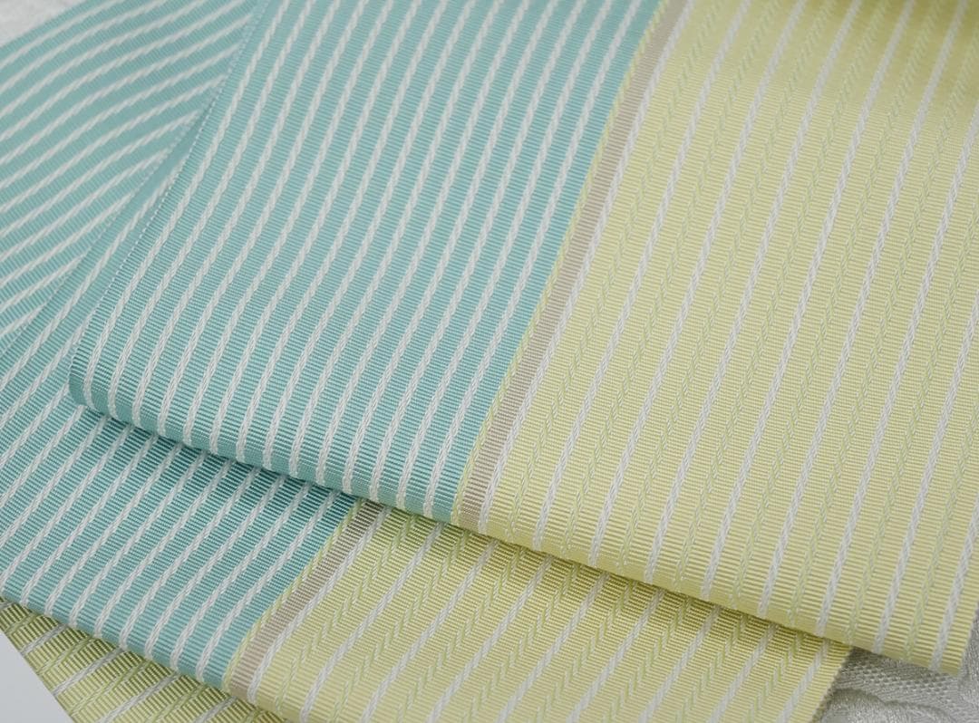 新品 博多帯 麻絹 単衣半幅帯 西村織物 ミントイエロー帯端かがり加工代込