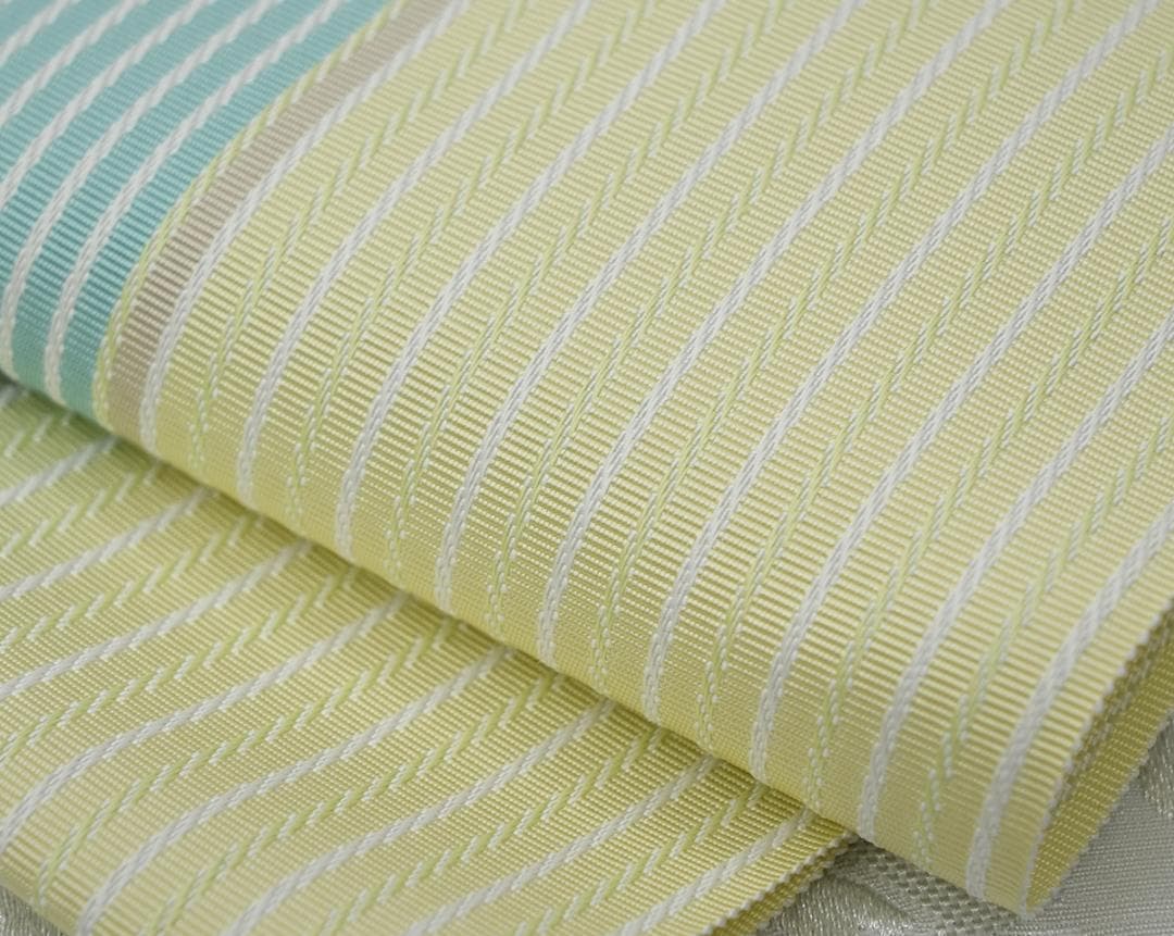 新品 博多帯 麻絹 単衣半幅帯 西村織物 ミントイエロー帯端かがり加工代込