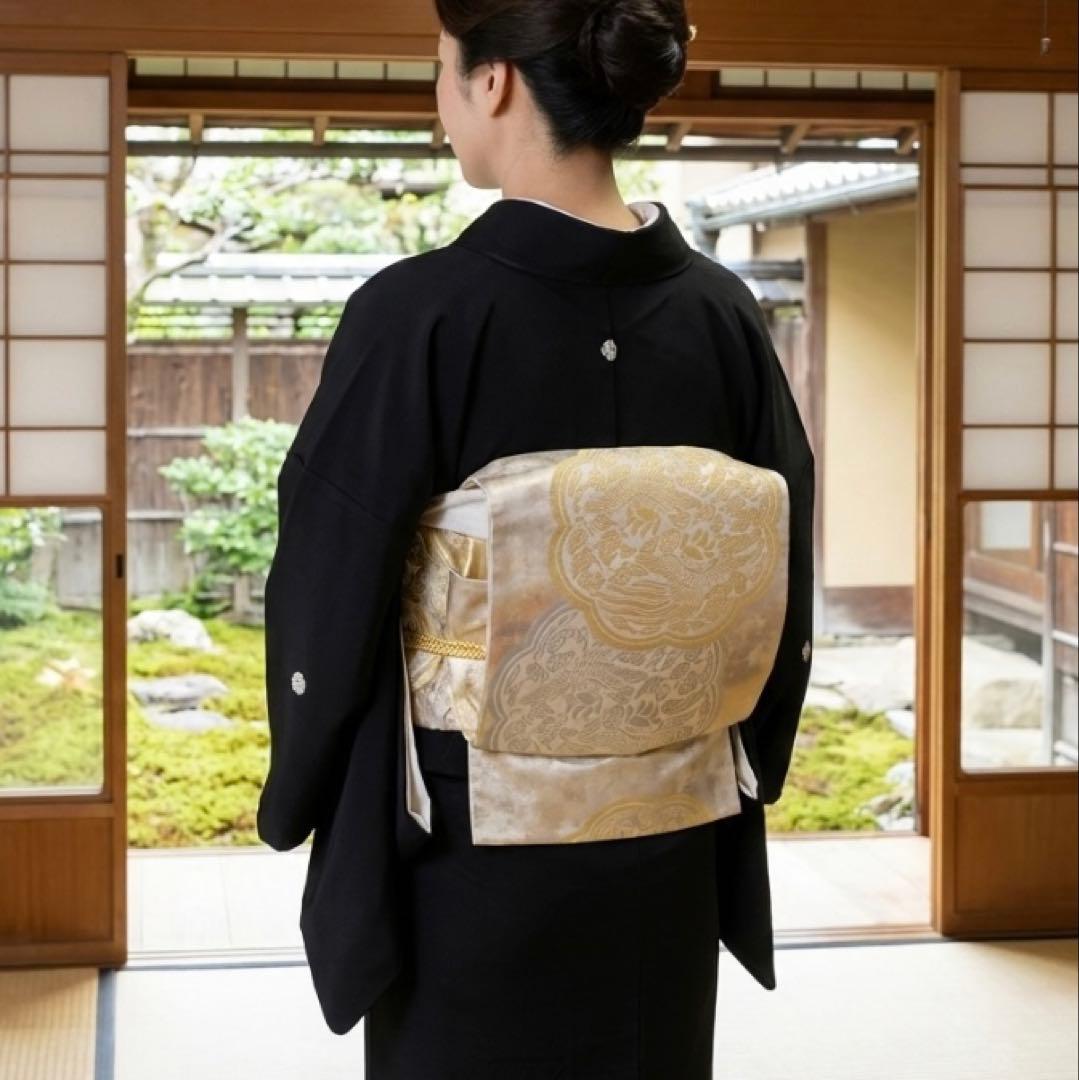 留袖用　袋帯　正絹　金糸　銀糸　フォーマル　お祝い　美品　鶴　亀　刺繍　訪問着