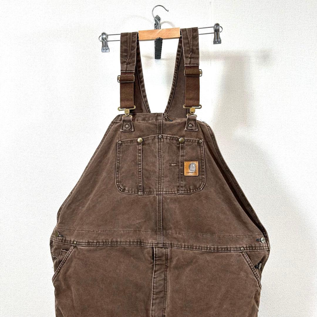 カーハートオーバーオールダブルニーダック地ペインターパンツw50革ロゴ極太古着