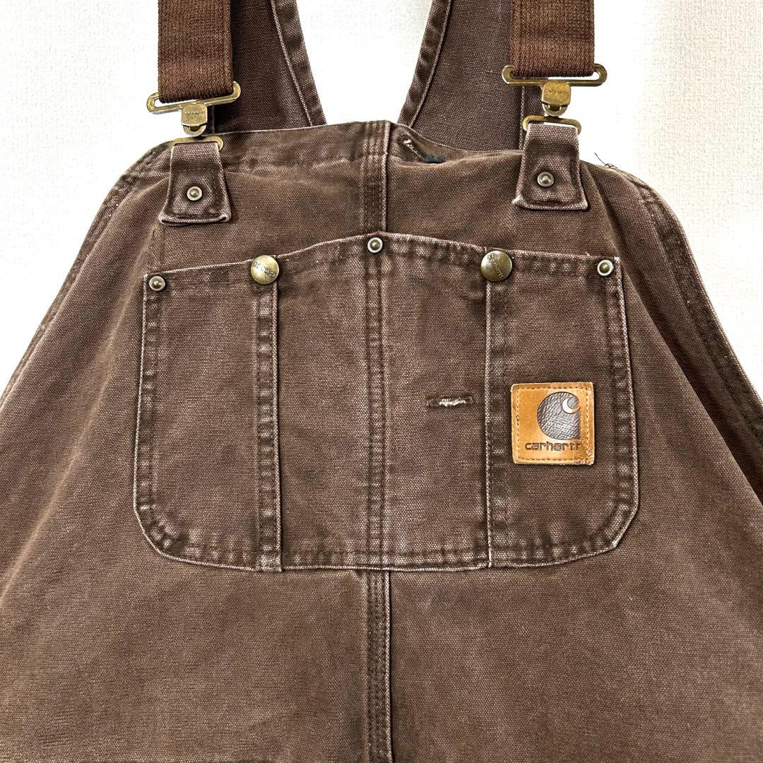 カーハートオーバーオールダブルニーダック地ペインターパンツw50革ロゴ極太古着