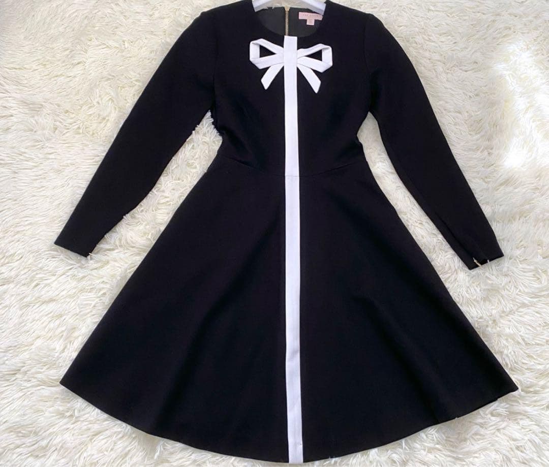 テッドベーカー リボンデザイン バイカラー Aライン フレアワンピース 黒 0