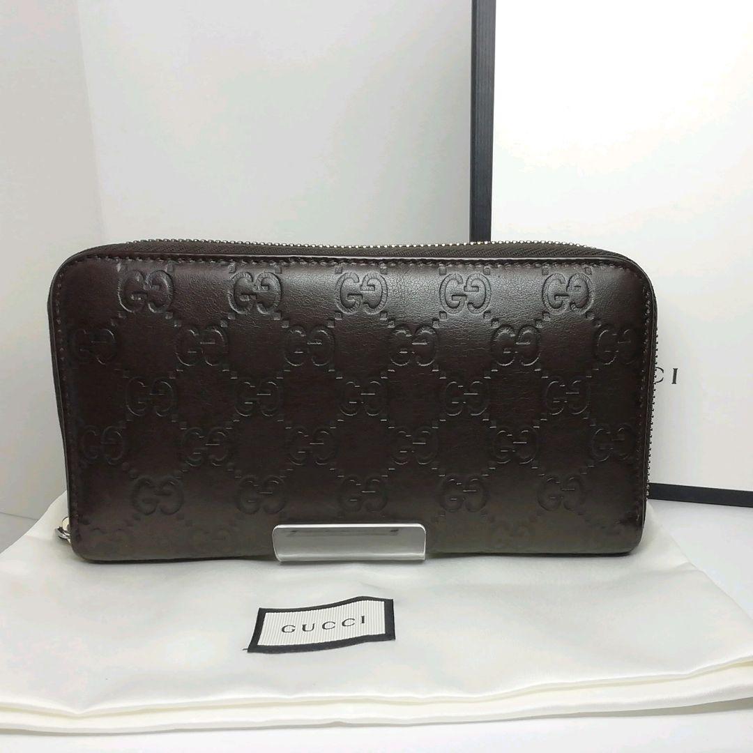 GUCCI　グッチ　シマレザー　ブラウン　ラウンドファスナー　保存袋・付属品