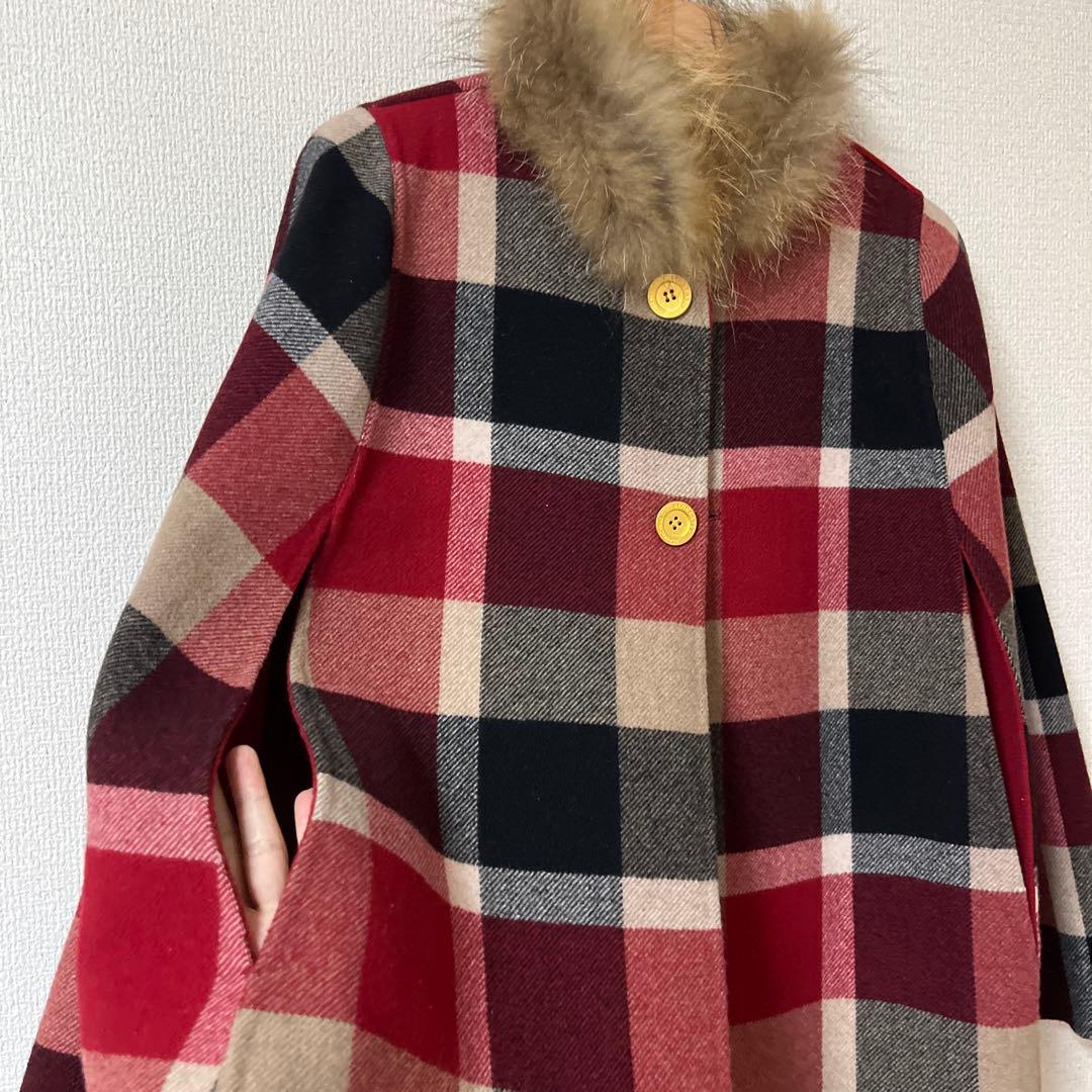 チェック柄　ポンチョ　リバーシブルファー付き　ブルーレーベル　BLUElabel