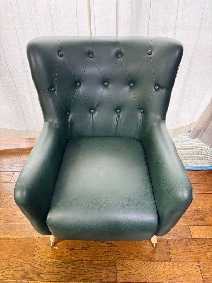 ダークグリーン ボタン留め 1人掛けレザーソファ