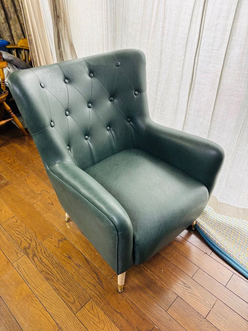 ダークグリーン ボタン留め 1人掛けレザーソファ