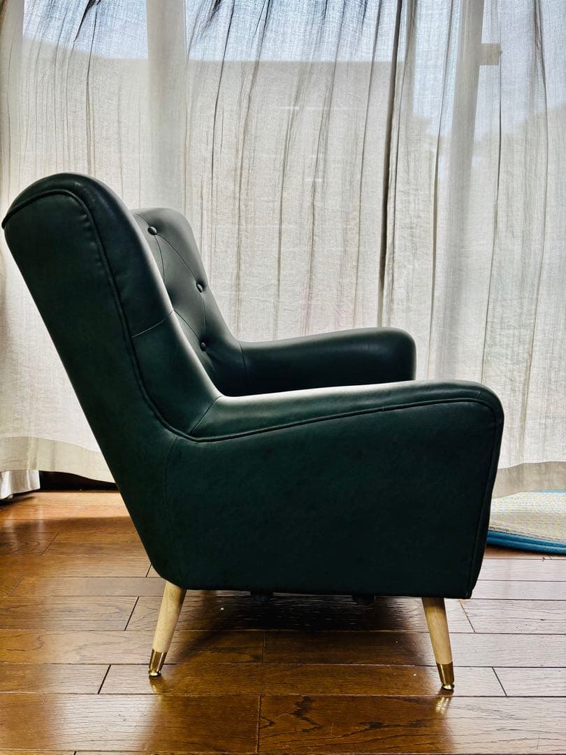 ダークグリーン ボタン留め 1人掛けレザーソファ