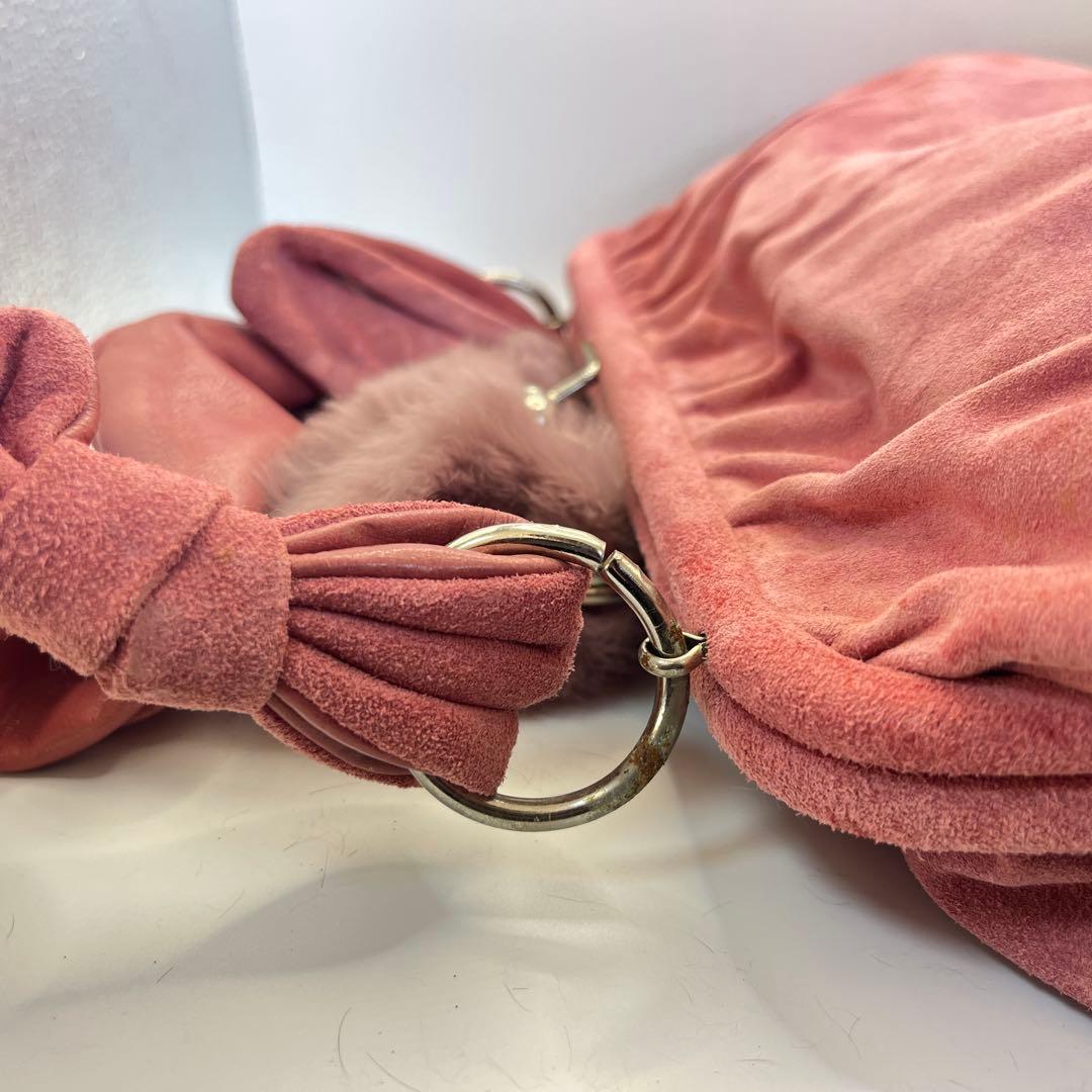 未使用 アンナモリナーリ ハンドバッグ ファー レザー ピンク ポシェット付き