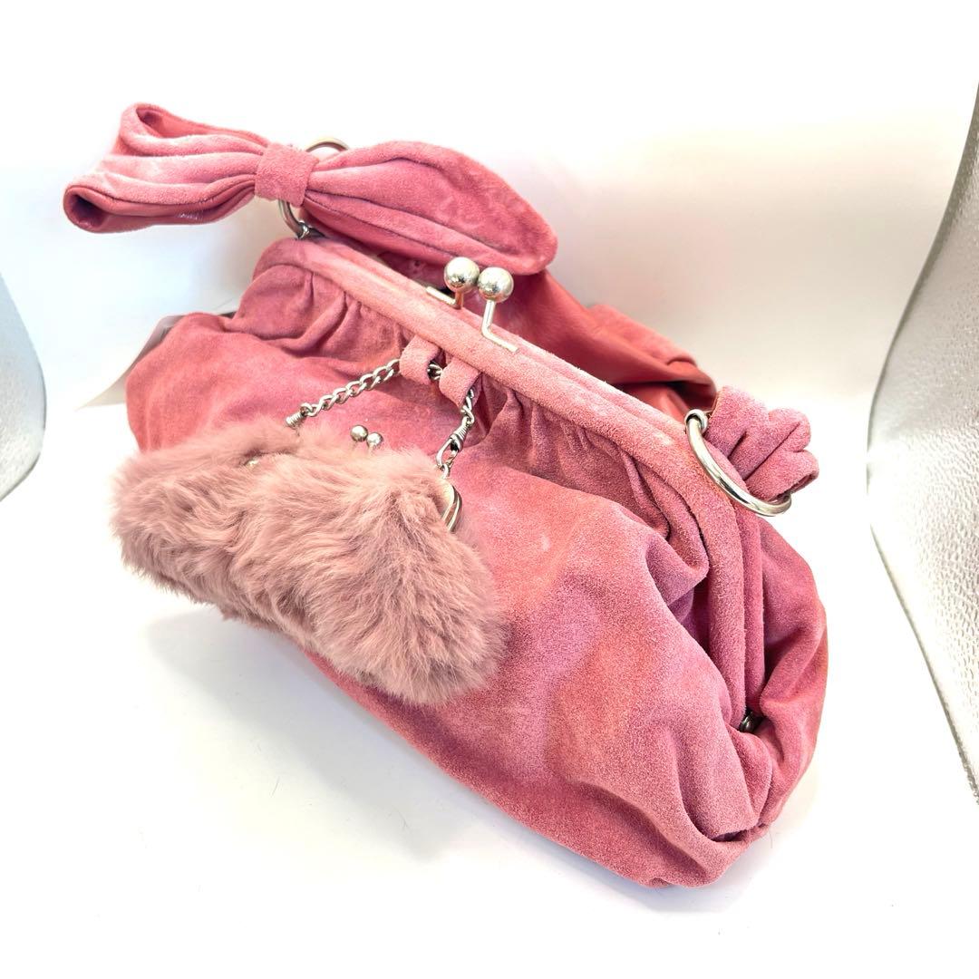 未使用 アンナモリナーリ ハンドバッグ ファー レザー ピンク ポシェット付き