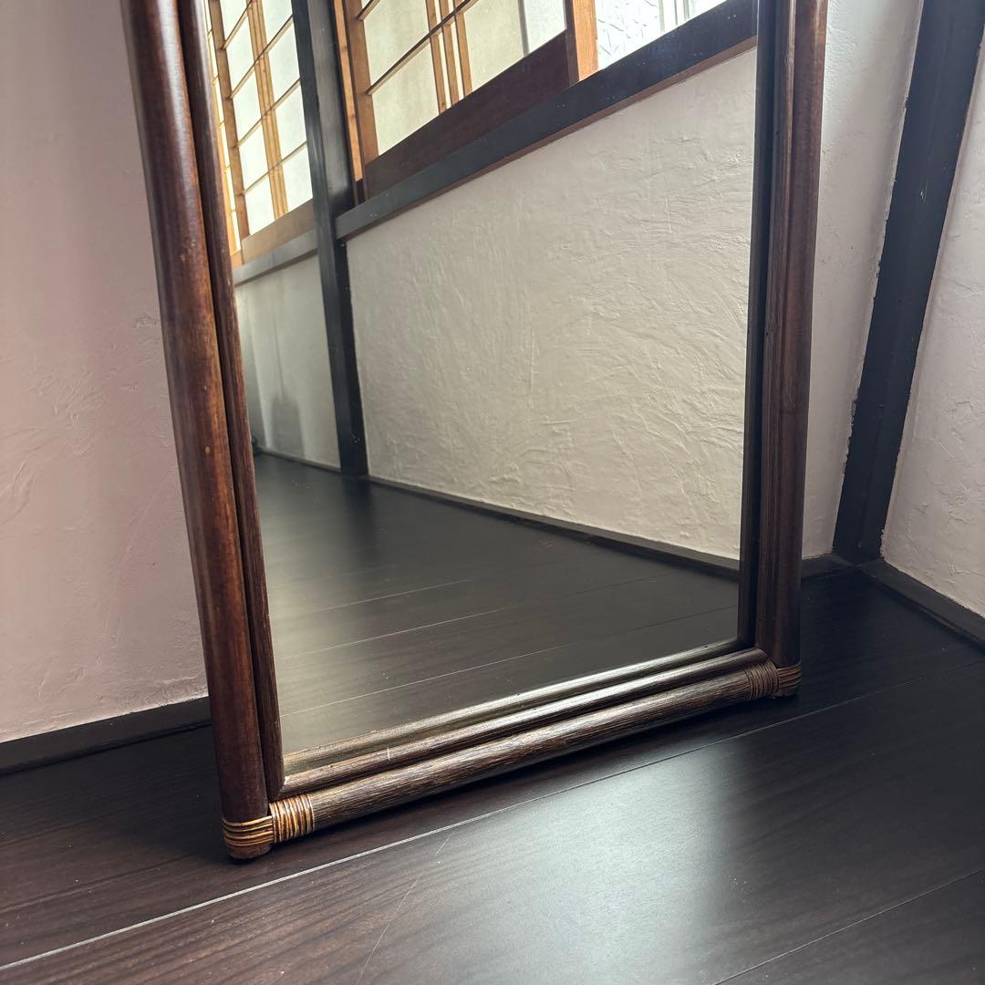 アンティーク ウォールミラー 籐 ラタン 姿見 立て掛け 昭和レトロ 古道具