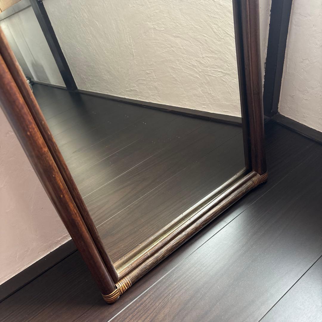 アンティーク ウォールミラー 籐 ラタン 姿見 立て掛け 昭和レトロ 古道具