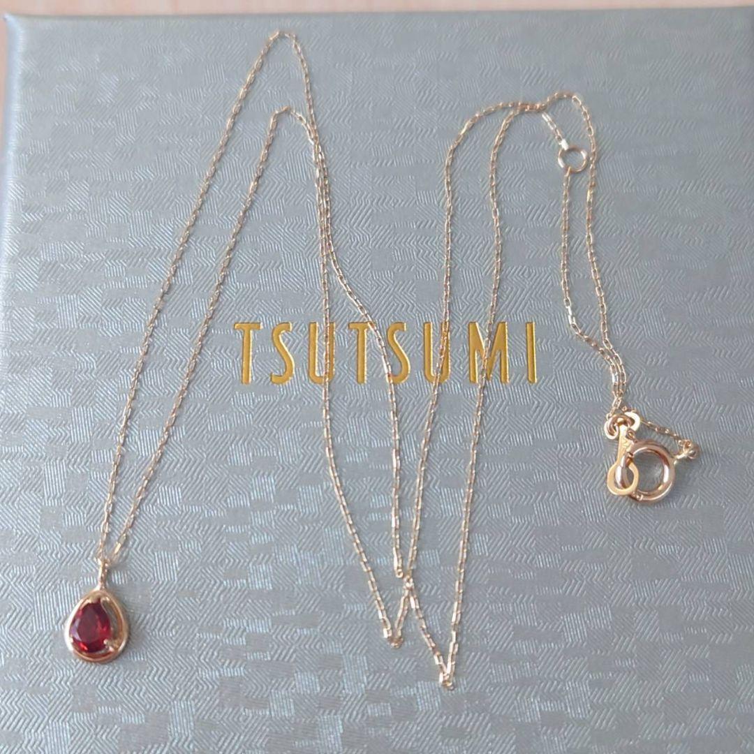 未使用　ツツミ　ガーネット　しずく型　ネックレス　K10　イエローゴールド