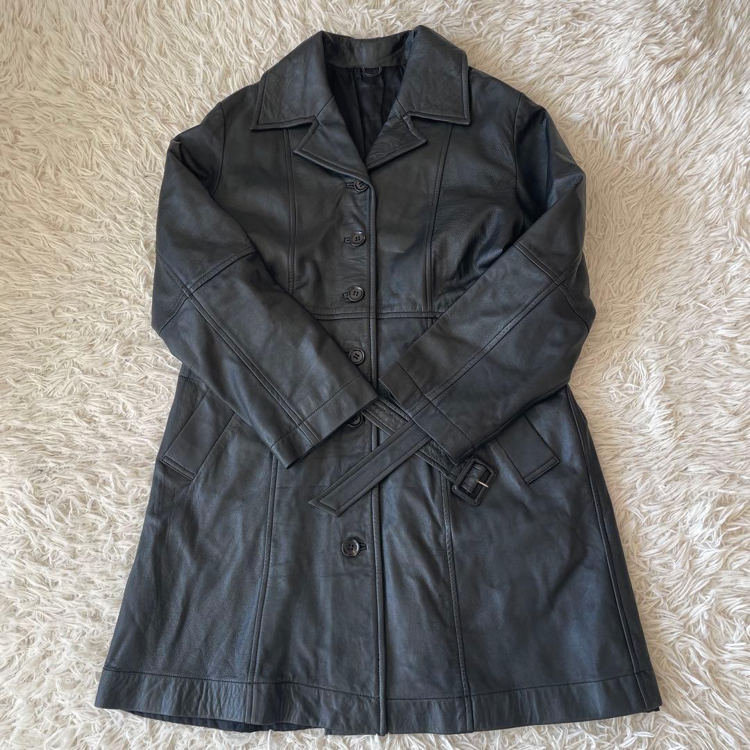 ミスアリス 羊革　レザーコート レザージャケット ベルト付 ひざ丈 ブラック
