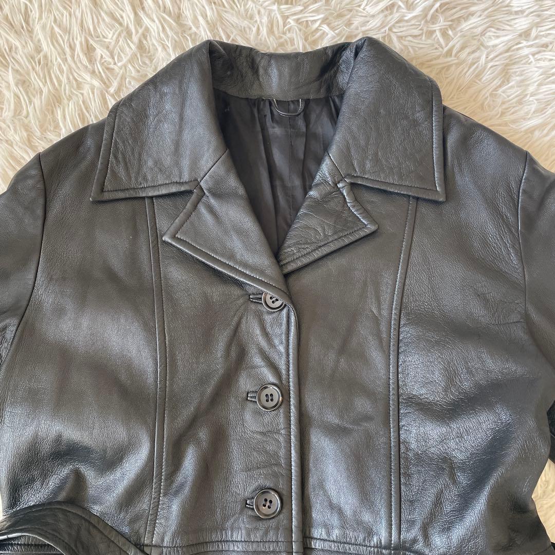 ミスアリス 羊革　レザーコート レザージャケット ベルト付 ひざ丈 ブラック