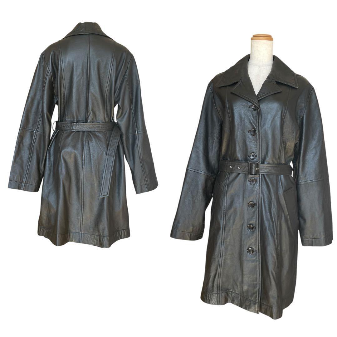 ミスアリス 羊革　レザーコート レザージャケット ベルト付 ひざ丈 ブラック