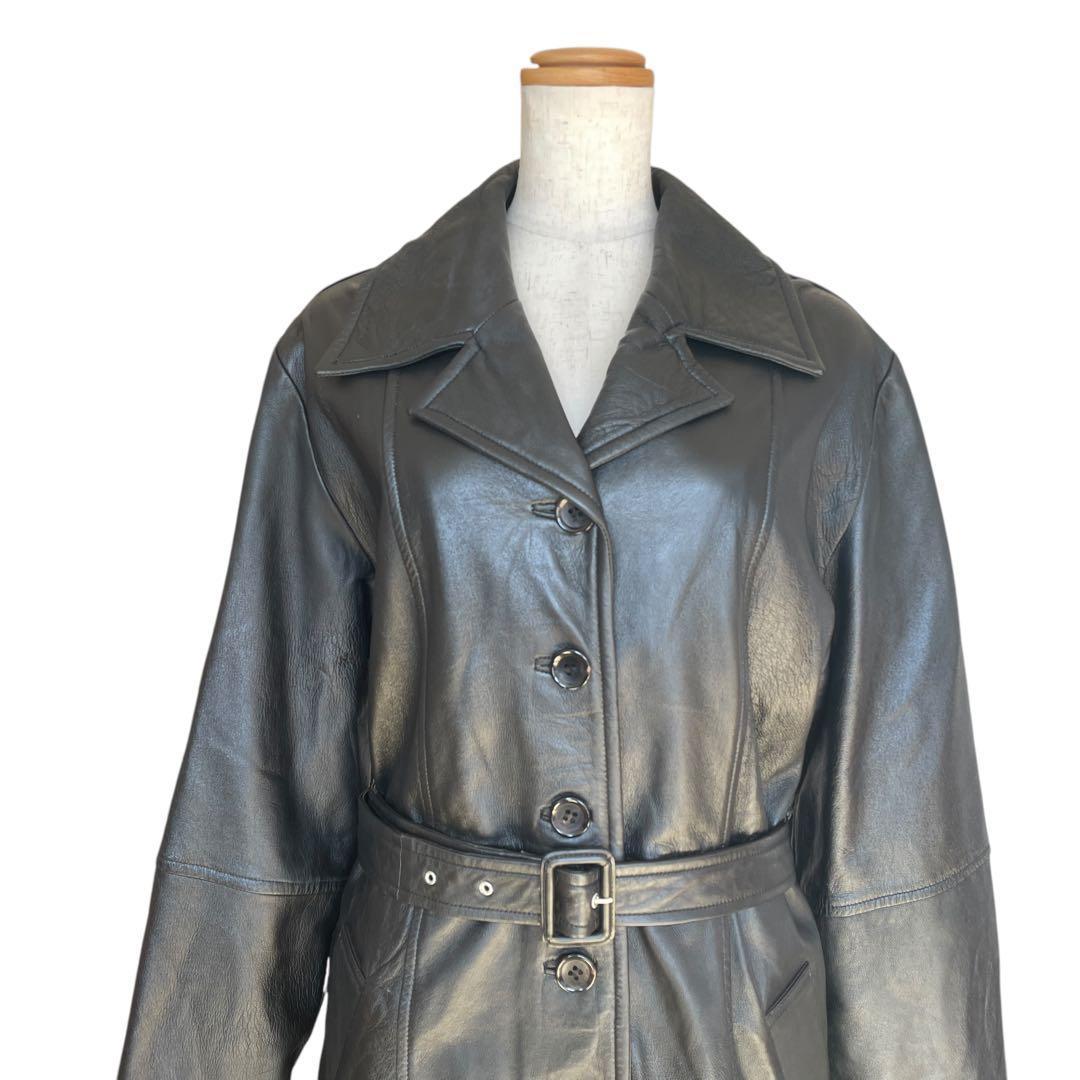 ミスアリス 羊革　レザーコート レザージャケット ベルト付 ひざ丈 ブラック