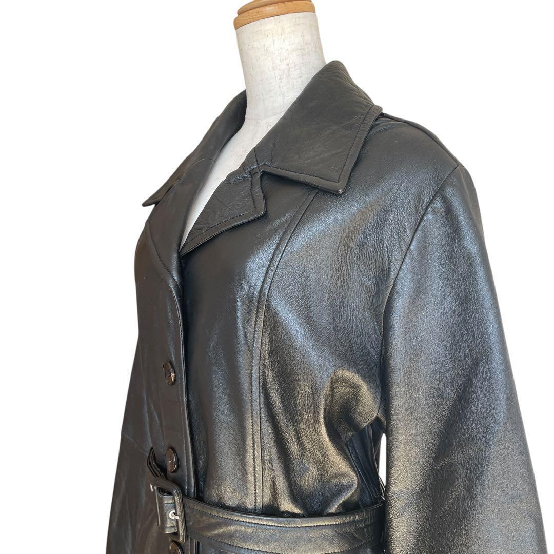 ミスアリス 羊革　レザーコート レザージャケット ベルト付 ひざ丈 ブラック