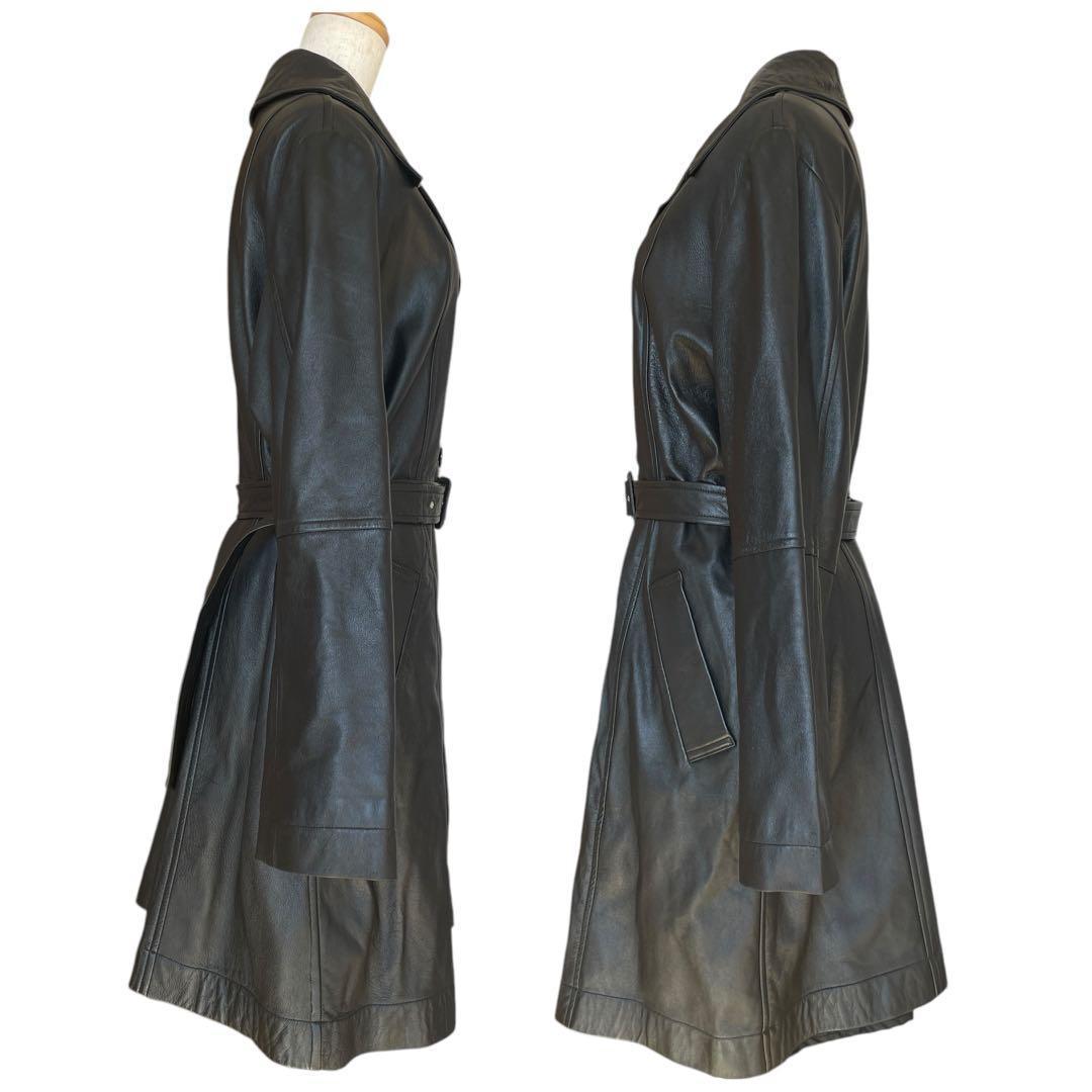 ミスアリス 羊革　レザーコート レザージャケット ベルト付 ひざ丈 ブラック