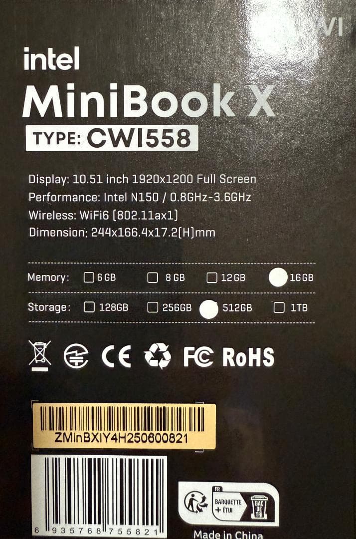 CHUWI ノートPC MiniBook X N150 16GB 512GB