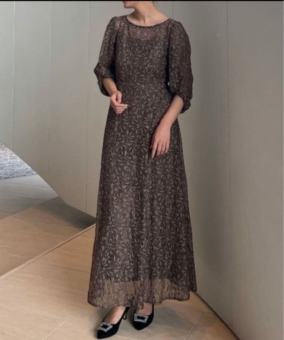 ドリードール　総レースドレス　ラメ　フレアスカート　インナーカップ　ブラウン