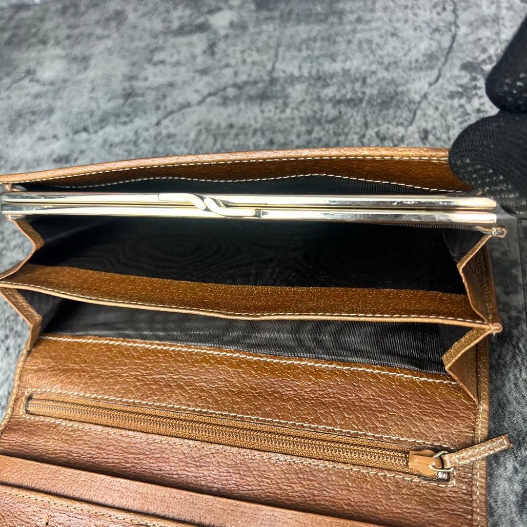 GUCCI GGキャンバス がま口 レザー 長財布 ブラウン
