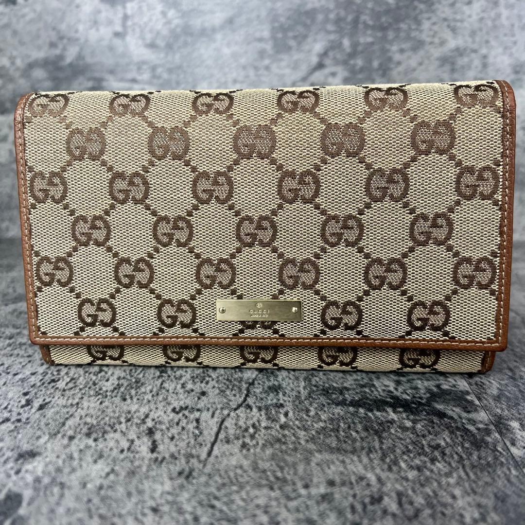 GUCCI GGキャンバス がま口 レザー 長財布 ブラウン