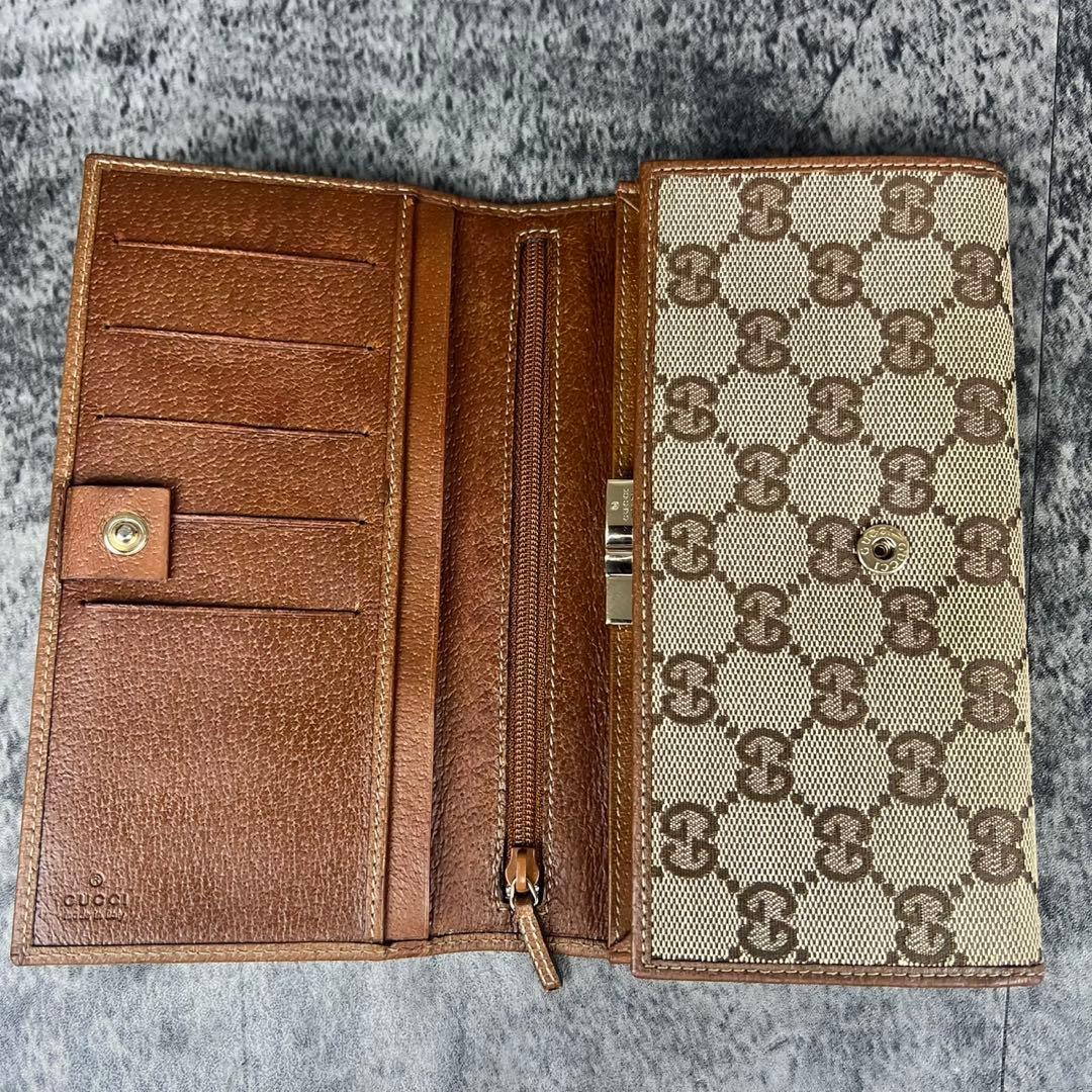 GUCCI GGキャンバス がま口 レザー 長財布 ブラウン