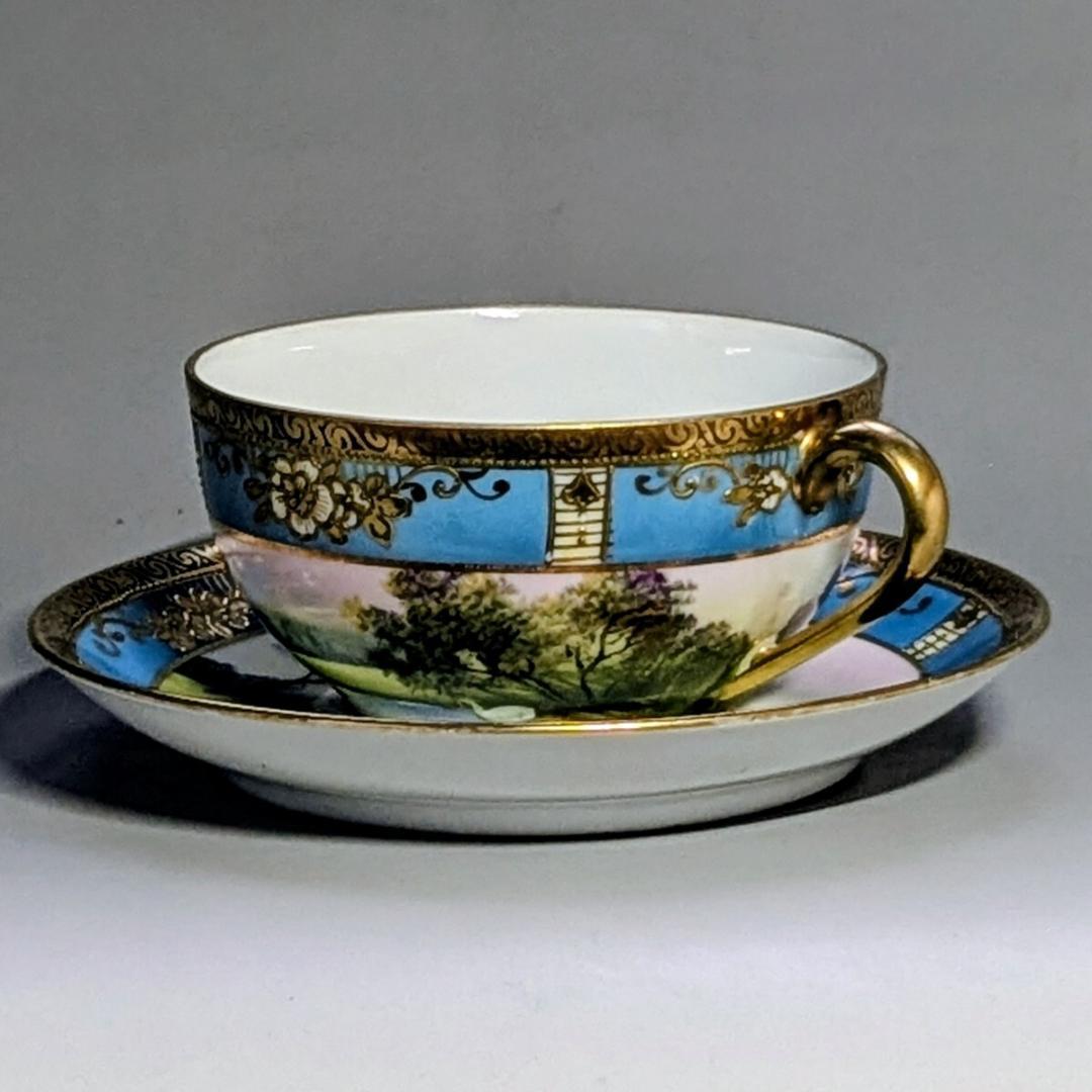 オールドノリタケ カップ＆ソーサー　金彩金盛上湖畔風景白鳥図 　　有名パターン