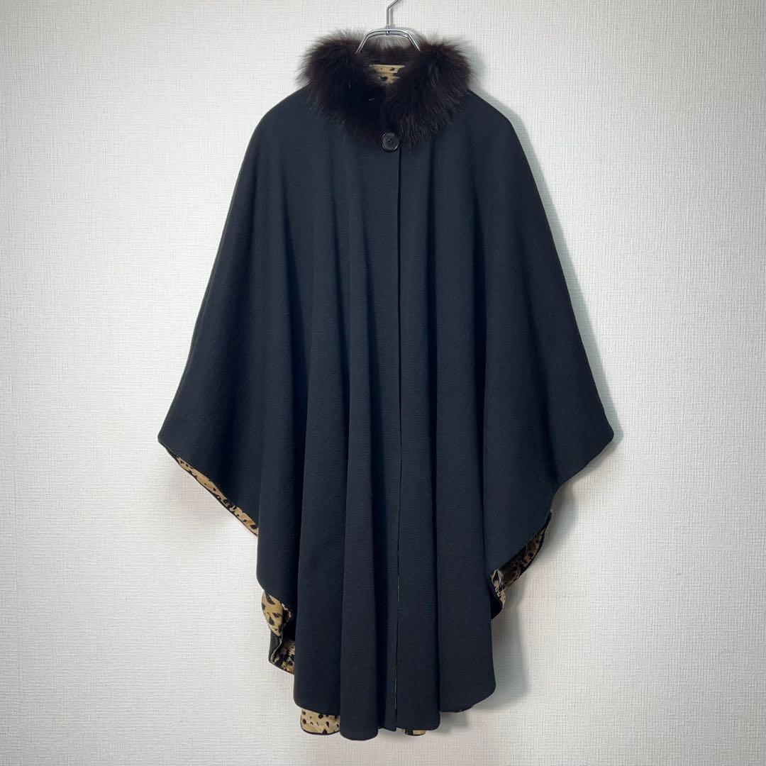ヘルノ ウールケープコート ポンチョ 羽織り ファー レオパード 裏地総柄 黒
