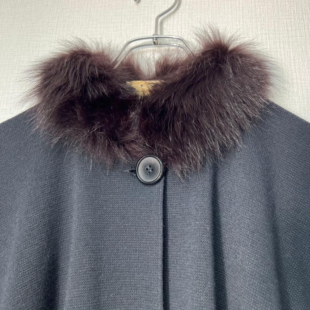 ヘルノ ウールケープコート ポンチョ 羽織り ファー レオパード 裏地総柄 黒