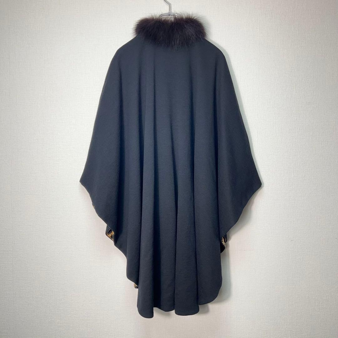 ヘルノ ウールケープコート ポンチョ 羽織り ファー レオパード 裏地総柄 黒