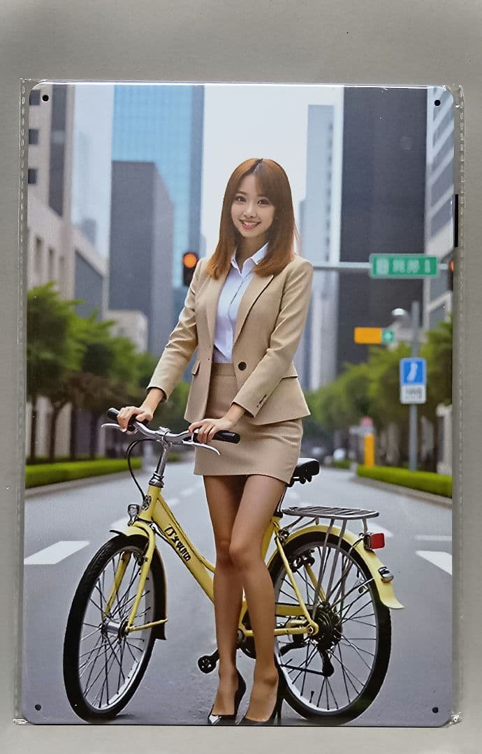 ヨ*ー様 自転車に乗る女性のインテリアポスター 【ブリキ看板】