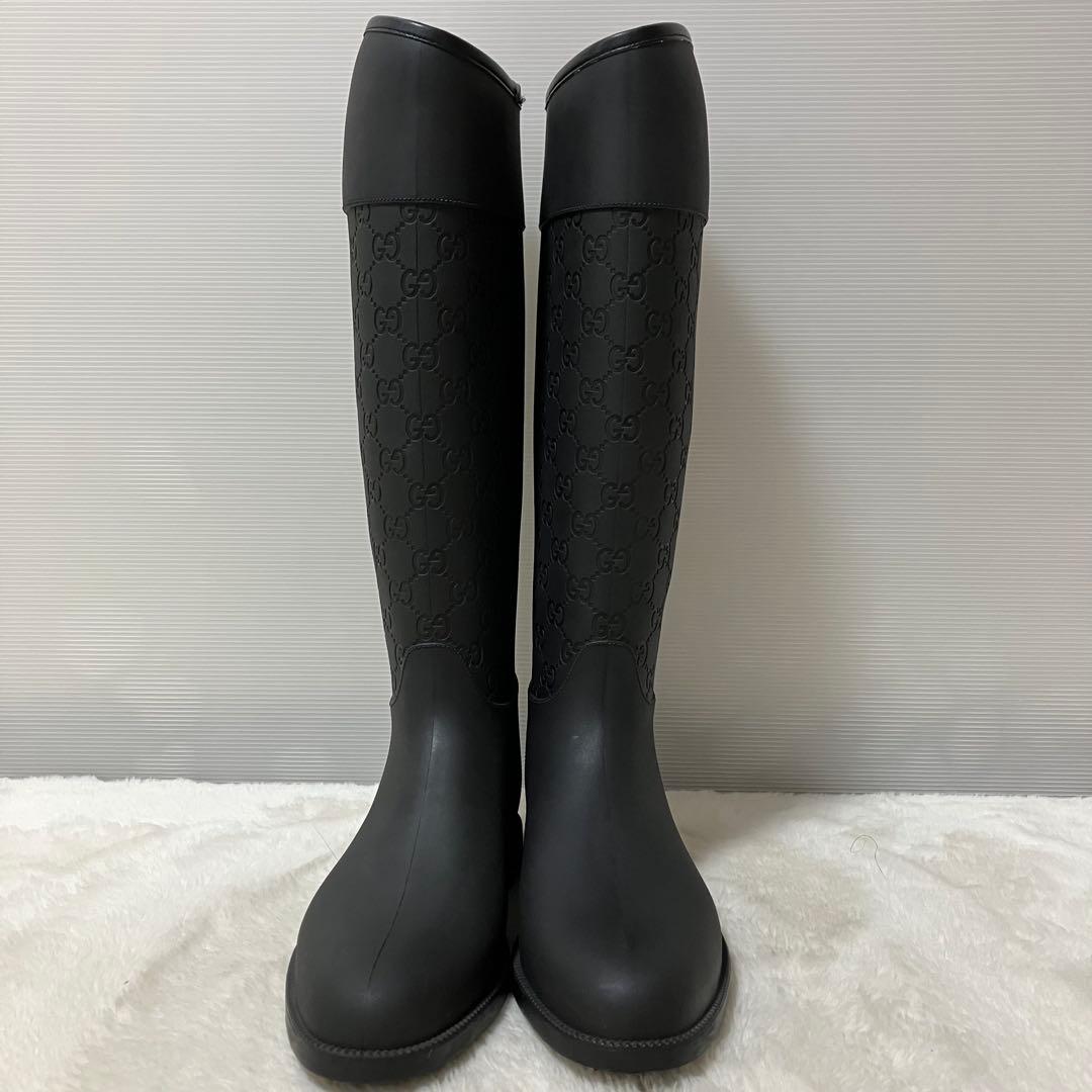 未使用級 GUCCI ロング レイン ブーツ GG柄 靴 37 ラバー 黒 総柄