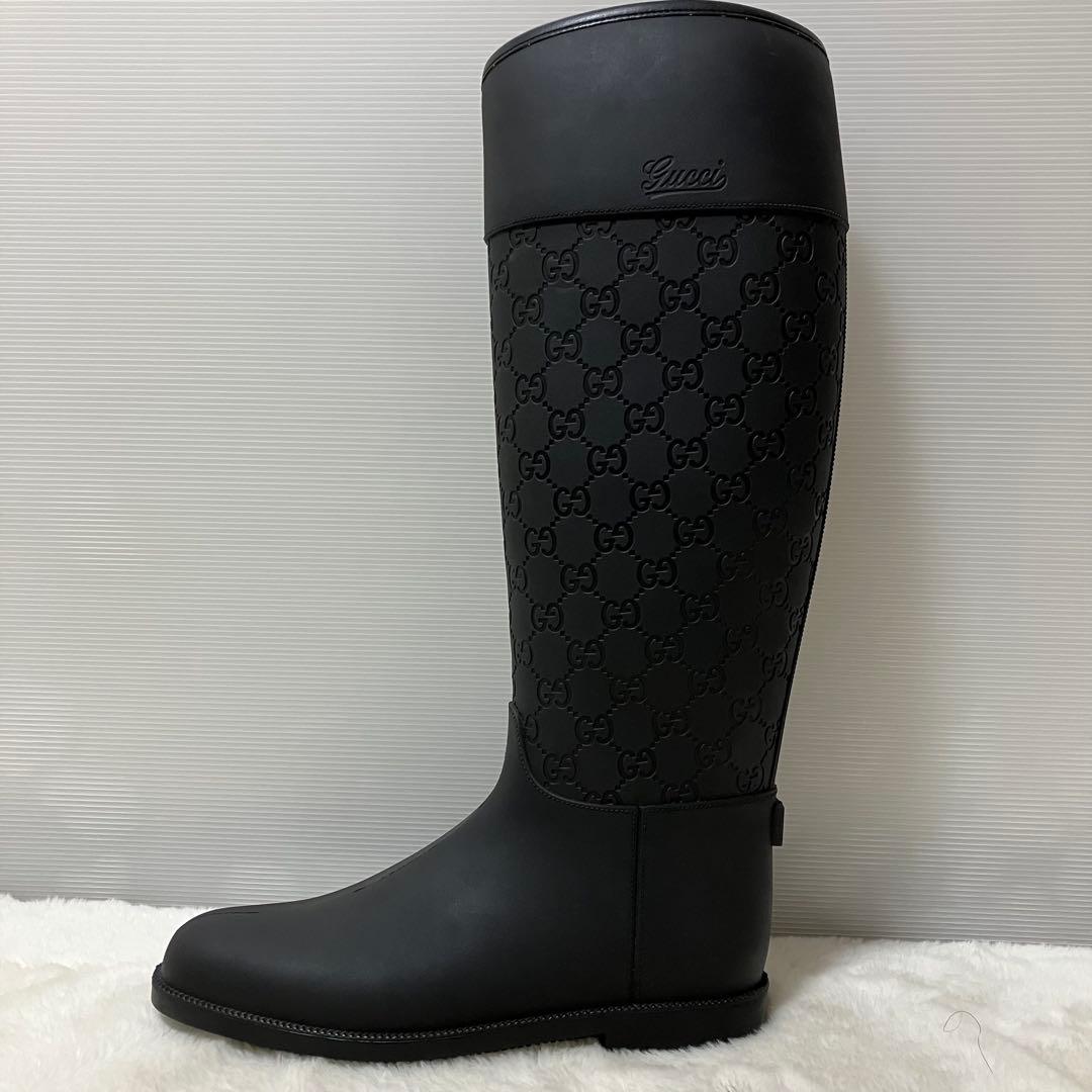 未使用級 GUCCI ロング レイン ブーツ GG柄 靴 37 ラバー 黒 総柄