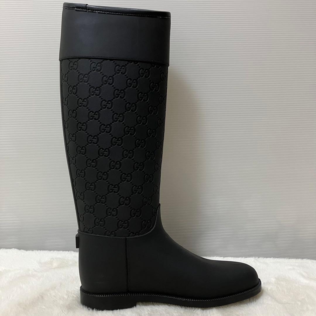 未使用級 GUCCI ロング レイン ブーツ GG柄 靴 37 ラバー 黒 総柄