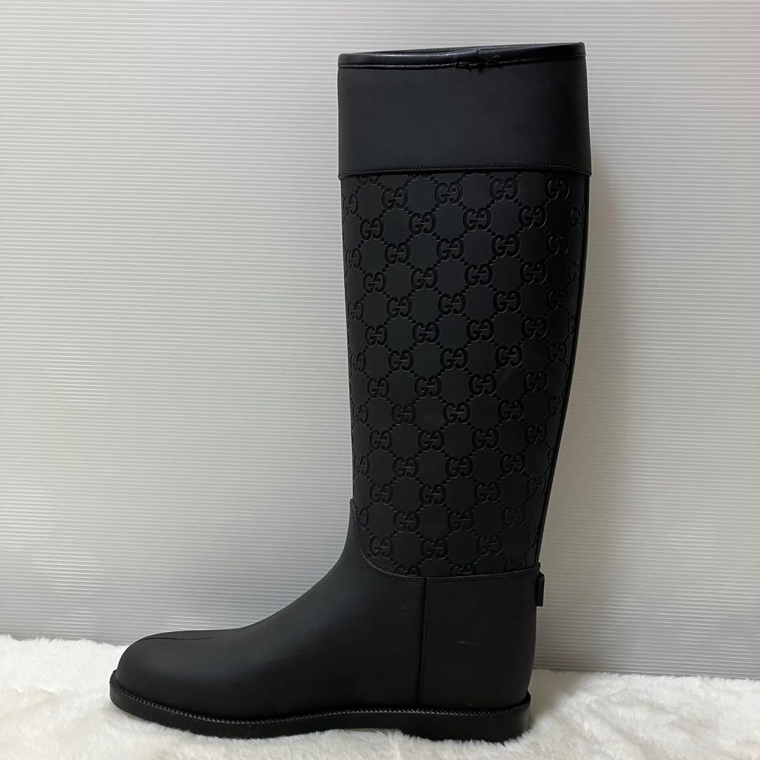 未使用級 GUCCI ロング レイン ブーツ GG柄 靴 37 ラバー 黒 総柄