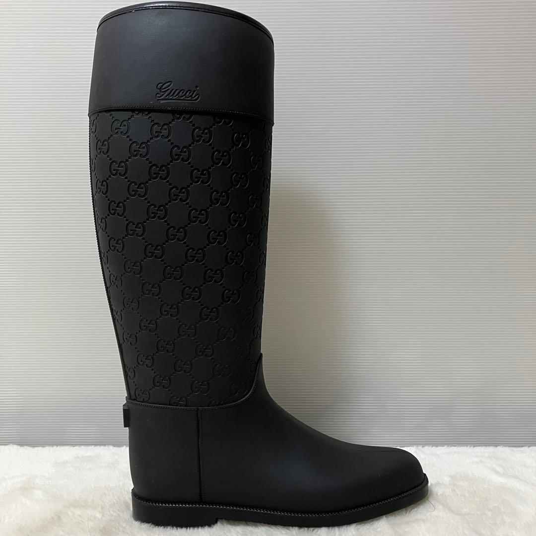 未使用級 GUCCI ロング レイン ブーツ GG柄 靴 37 ラバー 黒 総柄