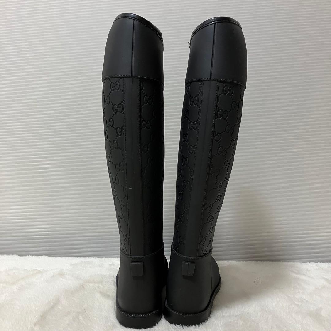 未使用級 GUCCI ロング レイン ブーツ GG柄 靴 37 ラバー 黒 総柄