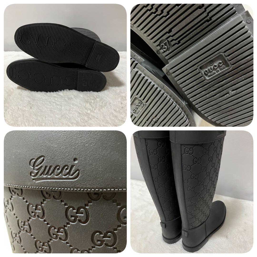 未使用級 GUCCI ロング レイン ブーツ GG柄 靴 37 ラバー 黒 総柄